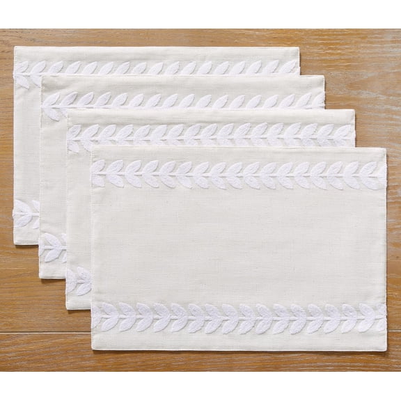 KKFEN-Embroidered Placemats, 13 x 18 Inch Set of 4 Placemats, Irregular Willow Rustic Place Mats for Kitchen Table and Heat Resistant, White 4PCS