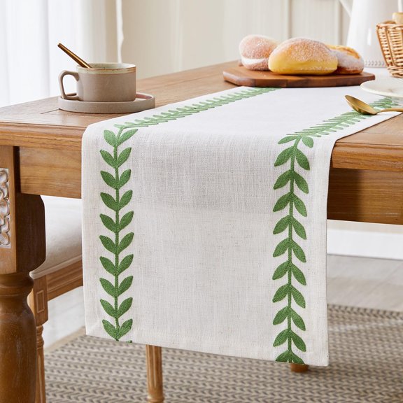 KKFEN-Embroidered Table Runner Irregular Willow Leaf Table Runners 36 Inches Long for Dresser Home Dining Table Decor,14 x 36 Inch, Green