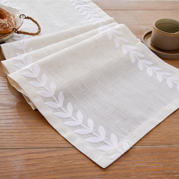 KKFEN-Embroidered Table Runner Irregular Willow Leaf Table Runners 48 Inches Long for Dresser Home Dining Table Decor,14 x 48 Inch, White