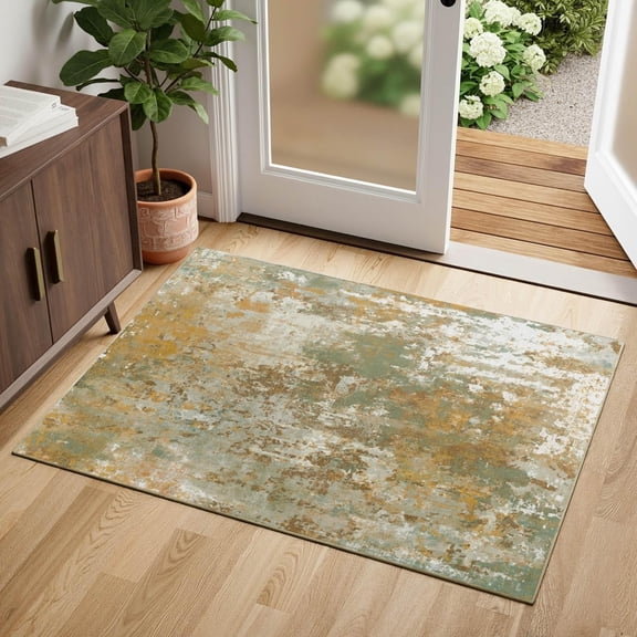 KKFEN-Entryway Rug 2x3 Green Door Mat Indoor Entrance 24x36, Washable Small Throw Rugs for Kitchen Floor, Entry, Front Door, Bedside, Non-Slip Low Pile Stain & Fade Resistant, Abstract Sage Green