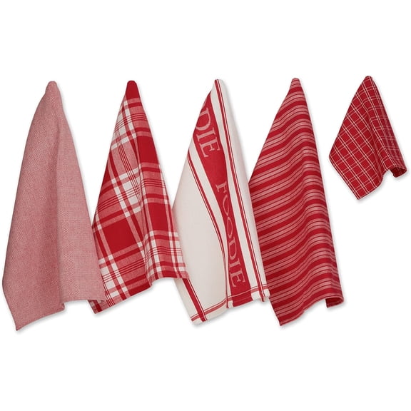 KKFEN-Everyday Collection Foodie Kitchen Set, Dishtowel & Dishcloth, Red, 5 Piece