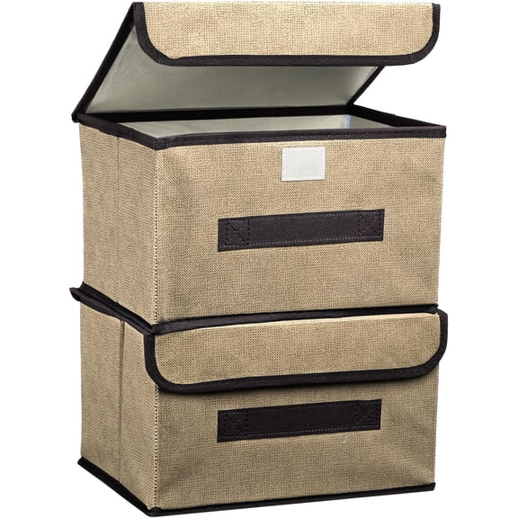 KKFEN-Fabric Collapsible Storage Bin 10.2 x 7.5 x 6.3 Inch, 2 Pcs Foldable Storage Box Cube with Lids and Handle Organizer Container for Home Bedroom Closet Clothes, Cream