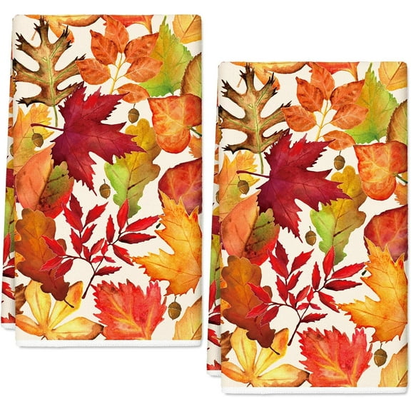 KKFEN-Fall Kitchen Dish Towel 18 x 28 Inch Watercolor Maple Leaf Dishcloth Autumn Decorative Hand Drying Tea Towel for Thanksgiving Kitchen Bathroom, 2Pcs