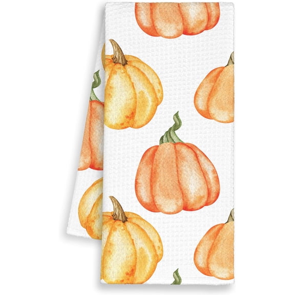 KKFEN-Fall Pumpkin Kitchen Towels, Farmhouse Autumn Hand Towels Decor for Bathroom, Orange Dish Towel, Rustic Watercolor Tea Bar Waffle Towel for Dining Room Dorm Thanksgiving Harvest 16x24in