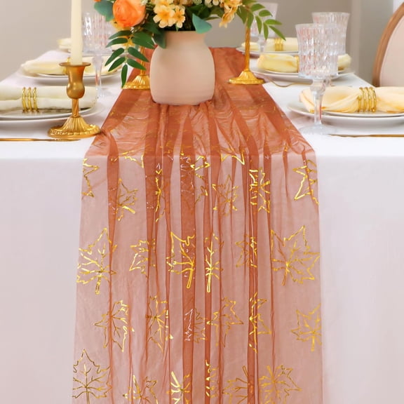 KKFEN-Fall Thanksgiving Table Runner 10Ft, Gold Maple Leaves Burnt Orange Rust Sheer Tulle Gauze Cheesecloth, Golden Sequin Glitter Dining Table Centerpieces Decorations for Autumn Harvest Party