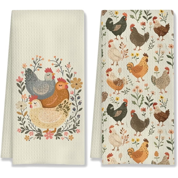 KKFEN-Farmhouse Chicken Rooster Kitchen Towels, Chicken Dish Towels, Rooster Decor Hand Towel for Bathroom Kitchen Decor, Cock Mom Lady Gifts,16x24 Inch Set of 2