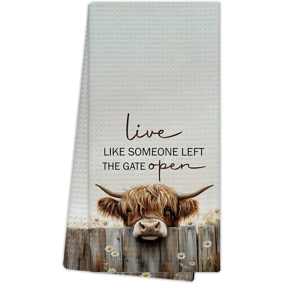 KKFEN-Farmhouse Highland Western Cow Kitchen Towels, Live Like Someone Left The Gate Open Rustic Hand Towels for Bathroom Decor, Cow Lover Gifts Dishcloths Dish Towel for Kitchen 16x24 Inches