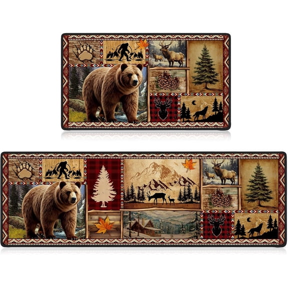 KKFEN-Farmhouse Kitchen Rugs Sets of 2, Decorative Rustic Bear Deer Kitchen Mats Non-Slip, Washable Rugs for Bathroom Entrance Bedroom Home Decor(16 X 28 + 16 X 47 in)