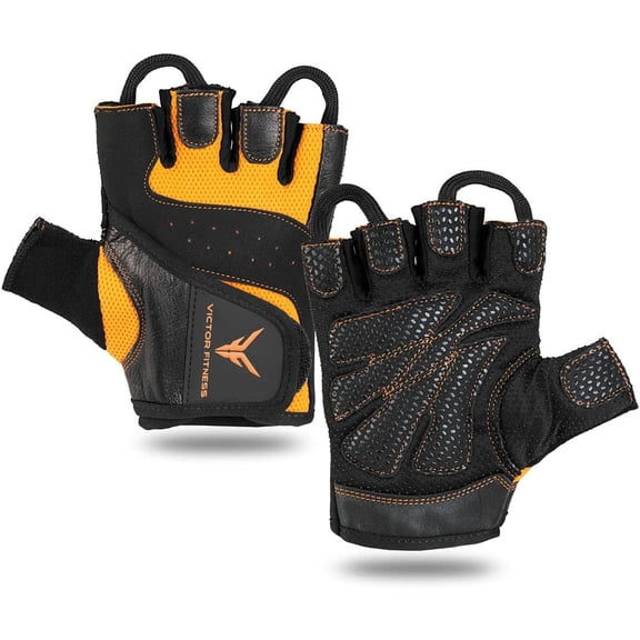 KKFEN-Fingerless Leather Men's Weightlifting Gloves with Full Palm Protection - Perfect for Weight Training, Bench Press, Deadlifting, Pull-Ups (Large, Black/Orange)
