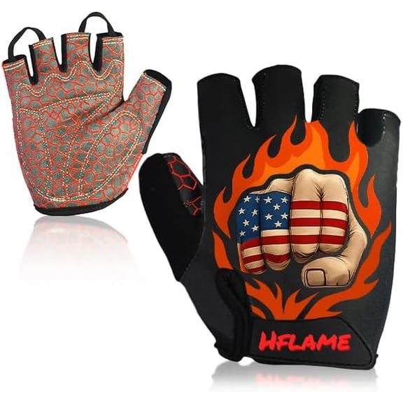 KKFEN-Fist Flag Fire Fingerless Cycling Gloves, Gel-Padded Bike Gloves for Men & Women, Anti-Slip & Breathable for Road, MTB, Gym, Motorcycle
