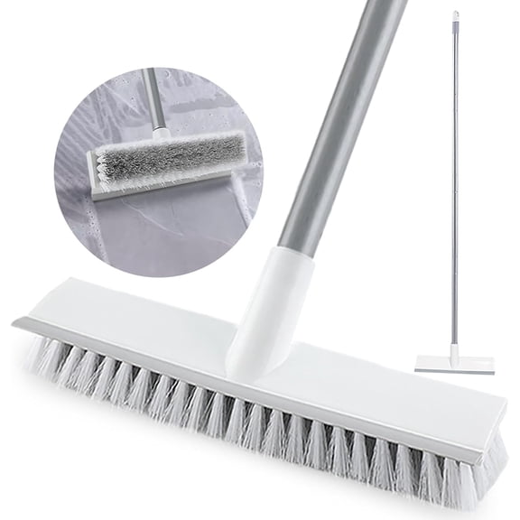 KKFEN-Floor Scrub Brush with Long Handle 54''- Stiff Bristle 2 in 1 Shower Scrubber with Squeegee Cleans Kitchen, Wall, Tile, Grout, Tub and Carpet, Brush Broom Scrubbing Garage, Patio Deck