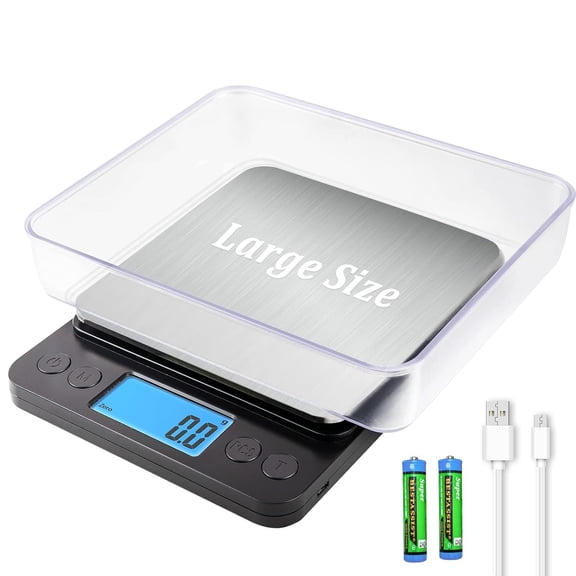 KKFEN-Food Scale Grams and Ounces, Plus Size Digital Kitchen Scale for Cooking Baking, 5kg/0.1g High Accurate Gram Scale with USB Charging, 2 Tray, LCD Backlit Display, Stainless Steel Pan Easy Clean