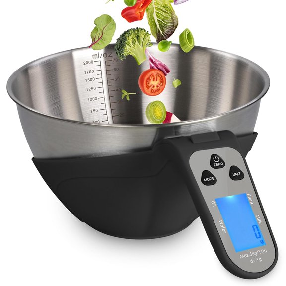 KKFEN-Food Scale for Kitchen - Black 70oz Capacity Bowl Scale Reads up to 11lbs - Battery Digital Food Scale for Weight Loss, Baking, or Produce - Ounces, Pounds, Fluid Ounces, Grams, or Milliliters