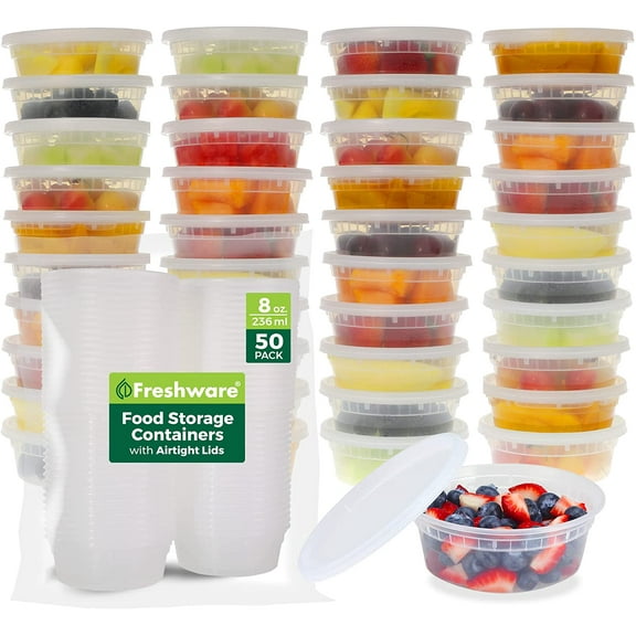 KKFEN-Food Storage Containers [50 Set] 8 oz Plastic Deli Containers with Lids, Slime, Soup, Meal Prep Containers | BPA Free | Stackable | Leakproof | Microwave/Dishwasher/Freezer Safe