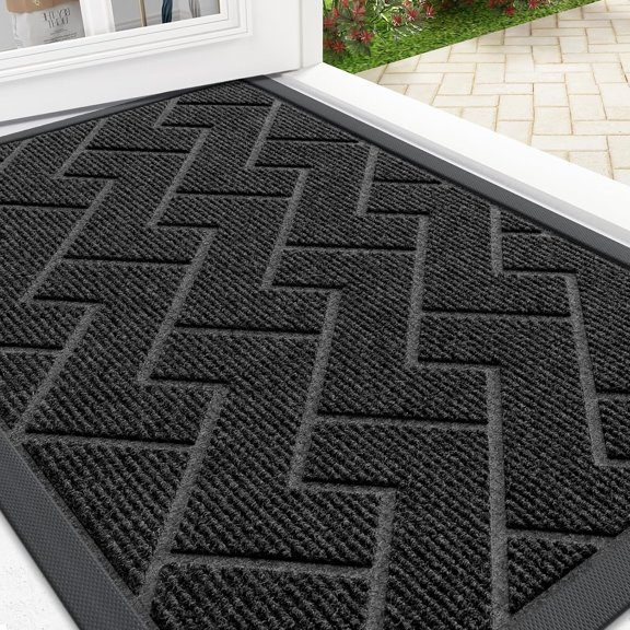 KKFEN-Front Door Mat Indoor Outdoor Entrance, Waterproof All-Season, All-Weather Doormat, Sturdy Natural Rubber, Low Profile, Easy Clean Patio Porch Entryway Mat, Herringbone Brick (Black, 29.5x17)