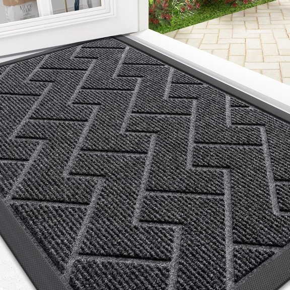 KKFEN-Front Door Mat Indoor Outdoor Entrance, Waterproof All-Season, All-Weather Doormat, Sturdy Natural Rubber, Low Profile, Easy Clean Patio Porch Entryway Mat, Herringbone Brick (Grey, 29.5x17)