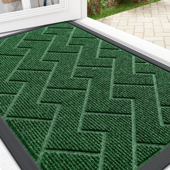 KKFEN-Front Door Mat Indoor Outdoor Entrance, Waterproof All-Season, All-Weather Doormat, Sturdy Natural Rubber, Low Profile, Easy Clean Patio Porch Entryway Mat, Herringbone Brick (Green, 29.5x17)