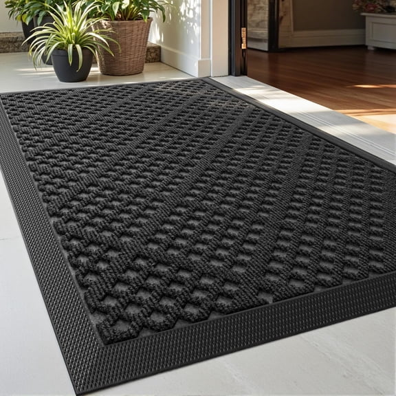 KKFEN-Front Door Mat Outside Entrance, 17x30 Entryway Rubber Back Doormat Heavy Duty, Non Slip Low Profile Welcome Entry Mats for Inside House Floor Exterior Patio, Black