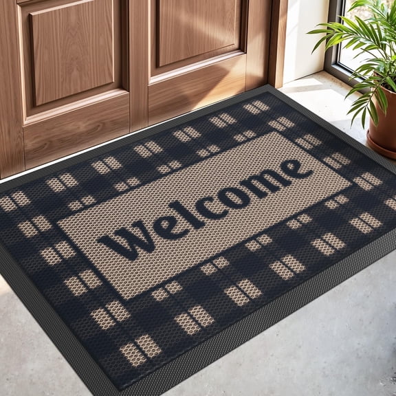 KKFEN-Front Door Mat Outside Entrance, 17x30 Welcome Entryway Doormat Dirt Trapper, Heavy Duty Non Slip Entry Mats for Patio Garage Porch Home Decorative, Checkered Beige