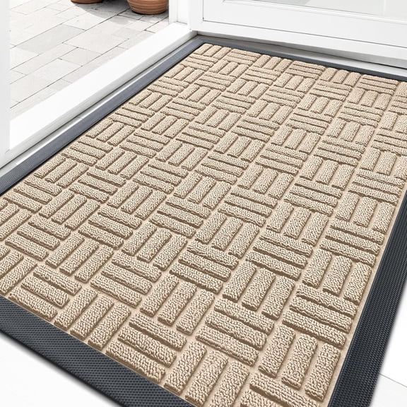 KKFEN-Front Door Mat Outside Entrance 29.5x17, Absorbent, Heavy Duty Sturdy Natural Rubber Doormat Indoor Outdoor, Non-Slip, Stain and Fade Resistant, Low Profile Floor Mat for Entryway, Latte White