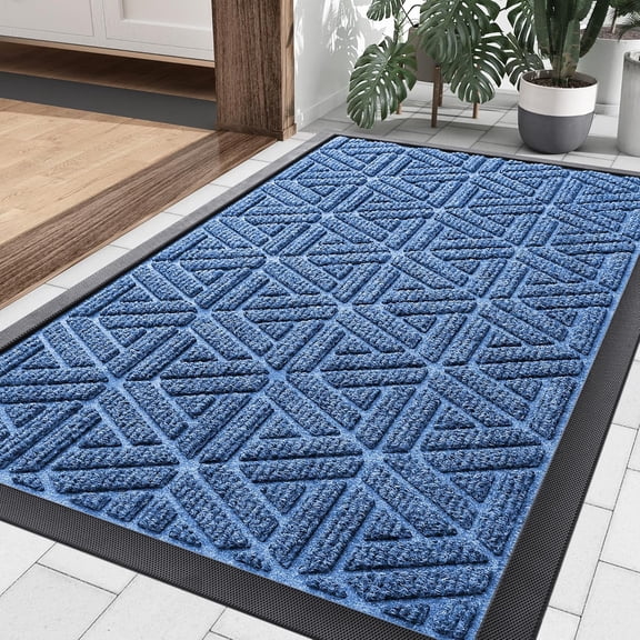 KKFEN-Front Door Mat Outside Entrance, Heavy Duty Sturdy Natural Rubber Doormat, Trap Dirt and Moisture, Easy Clean Low Profile Mats for Indoor Outdoor Entry, Grid Geometric (29.5x17, Blue)
