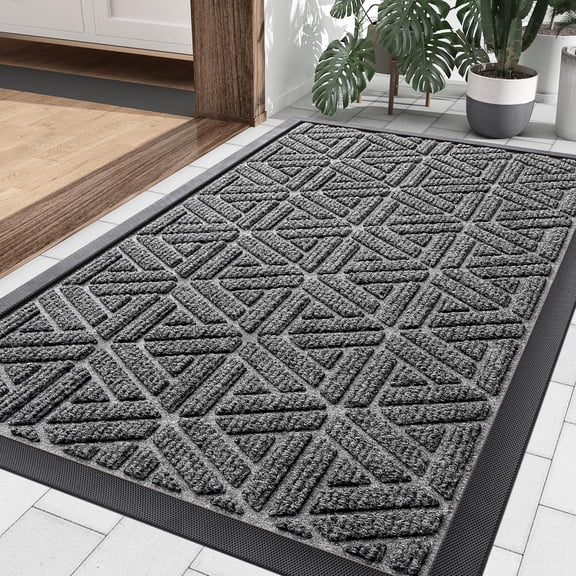 KKFEN-Front Door Mat Outside Entrance, Heavy Duty Sturdy Natural Rubber Doormat, Trap Dirt and Moisture, Easy Clean Low Profile Mats for Indoor Outdoor Entry, Grid Geometric (29.5x17, Silver Grey)