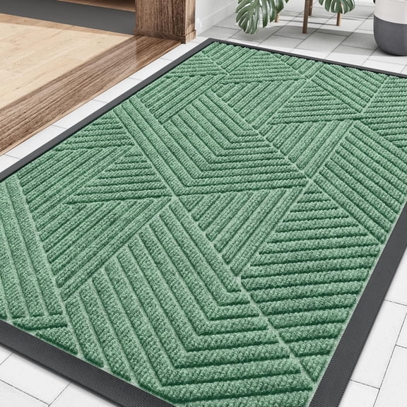 KKFEN-Front Door Mat Outside Entrance, Heavy Duty Sturdy Natural Rubber Doormat, Trap Dirt and Moisture, Easy Clean Low Profile Mats for Indoor Outdoor Entry, Irregular Triangle (29.5x17, Mint Green)