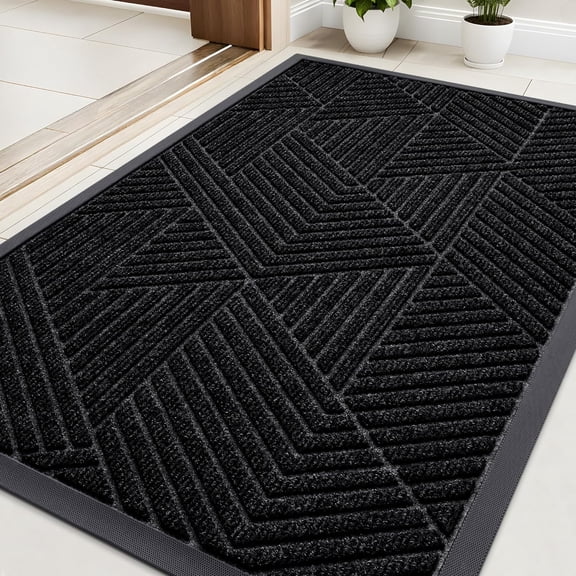 KKFEN-Front Door Mat Outside Entrance, Sturdy Natural Dirt Trapper, Heavy Duty Rubber Doormat, Low Profile Non-Slip Backing, Easy Clean Floor Mat for Indoor Outdoor Entry, 29.5X17 Inch, Black