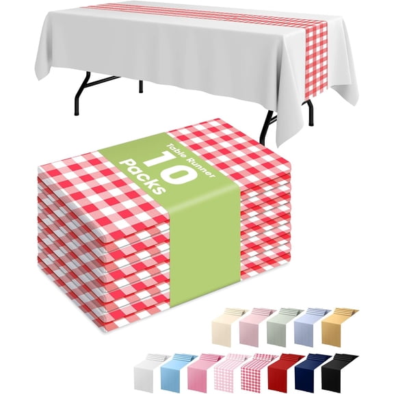 KKFEN-Gingham Plastic Table Runners - 10 Pack, 14'' x 108'', Water Resistant & Disposable Plaid Centerpiece Decorations for Table Cloth, Birthday, Holiday, Party, Red and White Checkered Home Decor
