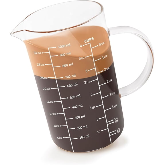 KKFEN-Glass Measuring Cup with Handle, 1000 ML (1 Liter, 4 Cup) Measuring Cup with Three Scales (OZ, Cup, ML/CC) and V-Shaped Spout, Measuring Beaker for Kitchen or Restaurant, Easy to Read