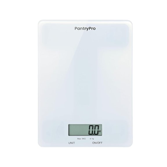 KKFEN-Glass Platform Digital Kitchen Scale - 11lbs / 5kg Capacity - LCD Display g kg oz lb fl.oz ml - CR2032 Battery Included - White