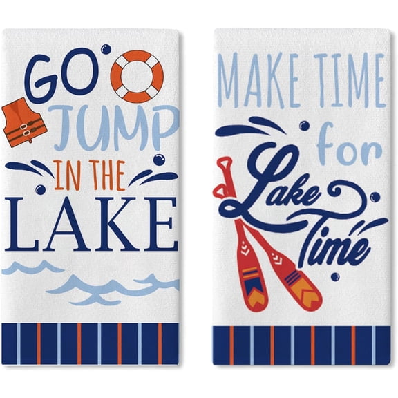 KKFEN-Go Jump in The Lake Kitchen Dish Towels Set of 2, Paddle Life Buoys Jacket Drying Hand Towel Baking Cooking Cloth Lake House Gift, Lakeside Deck Patio Bathroom Home Decoration 18'' x 26''