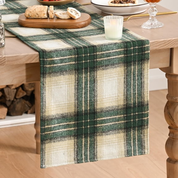 KKFEN-Green Light Coffee Farmhouse Plaid Spring Table Runner, ST. Patrick Rustic Holiday Check Kitchen Dining Table Decoration for Home Party Decor 13x72 Inch