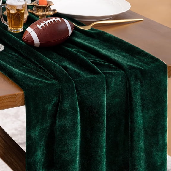 KKFEN-Green Velvet Valentine's Day Table Runner Cloth Decor 20 x 120 Inches 10ft Fabric Emerald Green Luxurious Thanksgiving Wedding Runner for New Year Bridal Shower