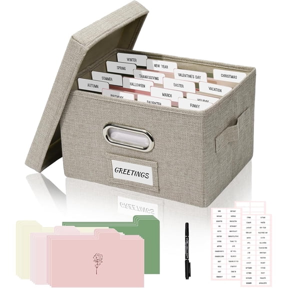 KKFEN-Greeting Card Storage Box, Linen Storage Box with 16 Adjustable Dividers, 84 Labels, 1 Marker Pen, Perfect for Organizing Greeting Cards, Envelopes, Photos 1 Pack Beige