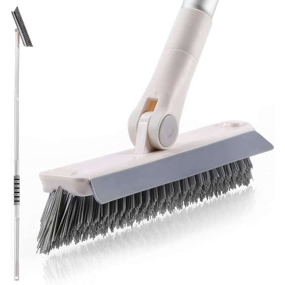 KKFEN-Grout Brush with Long Handle, 2 in 1 Floor Scrub Brush with Squeegee, Shower Scrubber Cleaner Swivel Stiff Bristle for Cleaning Baseboards Tile Floors Bathroom Wall