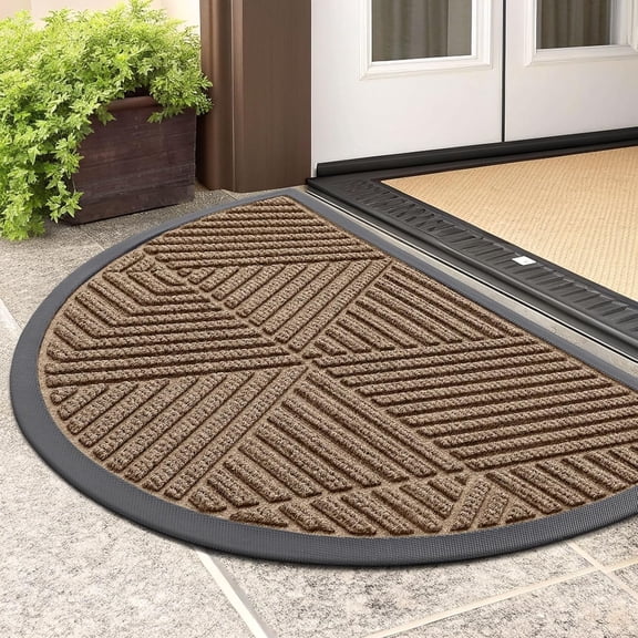 KKFEN-Half Circle Front Door Mat Outside Entrance, Heavy Duty Sturdy Natural Rubber Doormat, Trap Dirt and Moisture, Low Profile Mats for Indoor Outdoor Entry, Irregular Triangle (29.5x17, Brown)