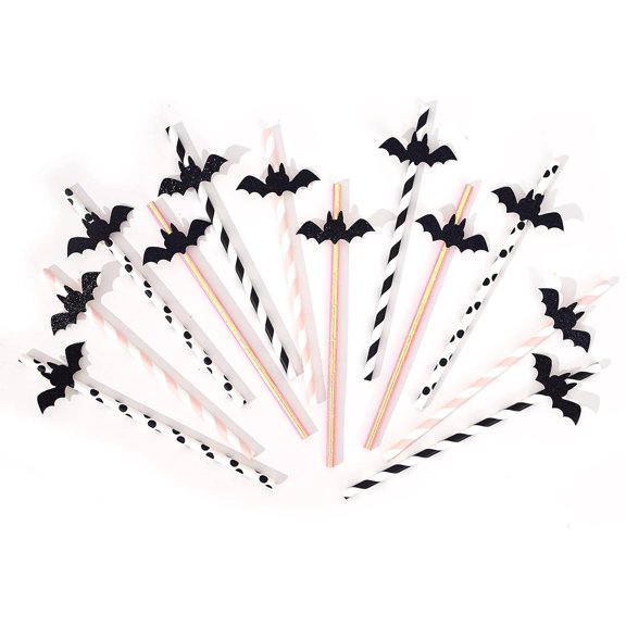 KKFEN-Halloween Decorative Straws - Halloween Paper Straws,Pink Halloween Ornaments, Halloween Bat Ornaments. Bat Party Straws. Black Glitter Bat Decorative Paper Straws, Glitter Straws, 12 pcs.