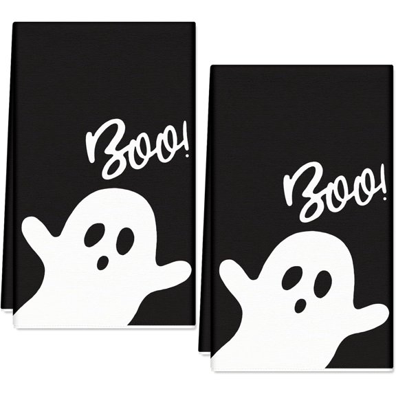 KKFEN-Halloween Ghost Kitchen Towels Black White Ghost Boo Dish Towels 18 x 28 Inch Hand Drying Tea Towel for Cooking Baking Cleaning Wipe, Set of 2
