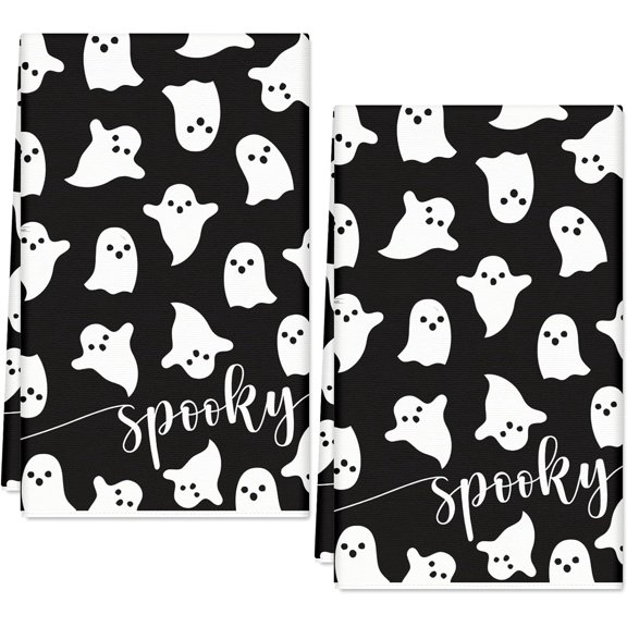 KKFEN-Halloween Ghost Kitchen Towels Cute Spooky Ghost Dish Towels 18 x 28 Inch Black White Hand Drying Tea Towel for Cooking Baking Cleaning Wipe, Set of 2