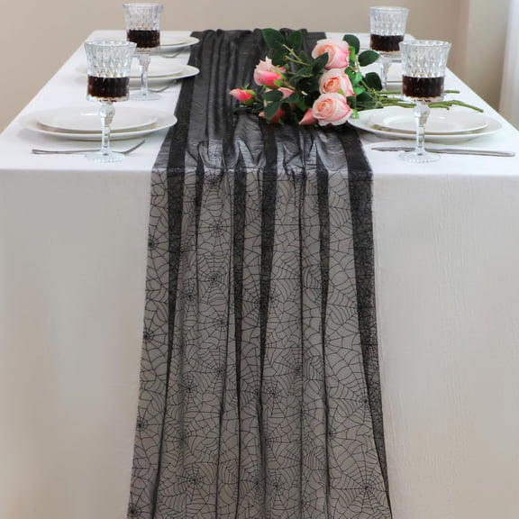 KKFEN-Halloween Table Runner, 10 FT Black Spider Web Runners Metallic Sequin Sheer Chiffon Gauze Cheesecloth, Black Party Decorations for Halloween Kitchen Dinner Table Birthday Home Indoor