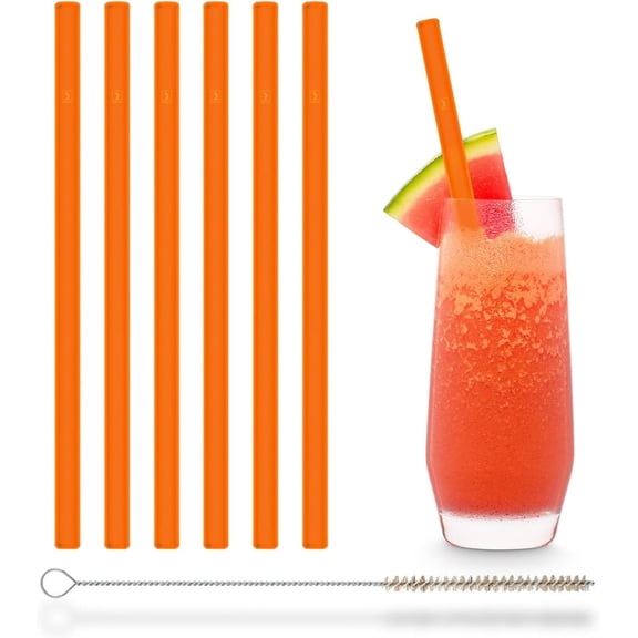 KKFEN-Halm Glass Straws Neon Orange - 6x Reusable 8 inch Drinking Straws + Plastic-Free Cleaning Brush - Made in Germany - Dishwasher Safe - Glow in the Dark Party Accessories