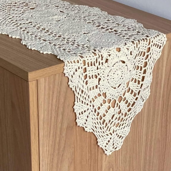 KKFEN-Hand Crochet Lace Table Runner Farmhouse Boho Dresser Scarf (12" x 28")