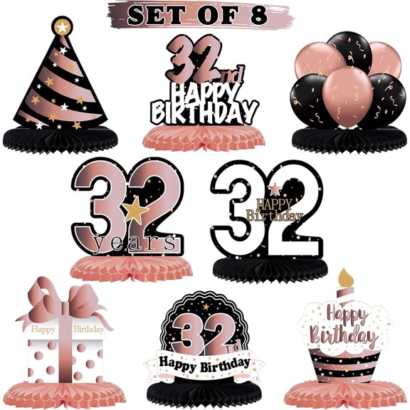 KKFEN-Happy 32nd Birthday Rose Gold Table Honeycomb Centerpieces Cheers to 32nd Birthday 32 Years Old Party Table Decorations Gift Sign.