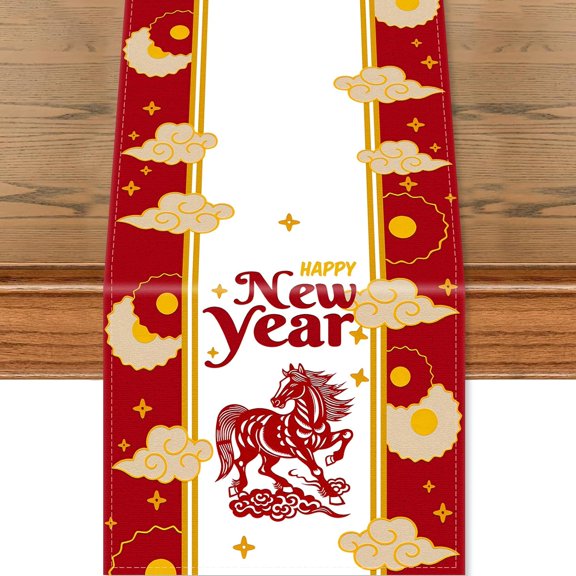KKFEN-Happy New Year Table Runner with Chinese Zodiac Horse Pattern, 2026 Spring Festival Lunar New Year Kitchen Dining Table Decoration for Home Party 13x72 Inch,Lunar New Year Table Runner
