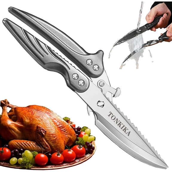 KKFEN-Heavy Duty Stainless Steel Kitchen Scissors that Come Apart, Poultry Shears Heavy Duty Professional, Spring-Loaded Kitchen Shears All Purpose for Food,Chicken, Fish,turkeys,10.2-Inch,Gray