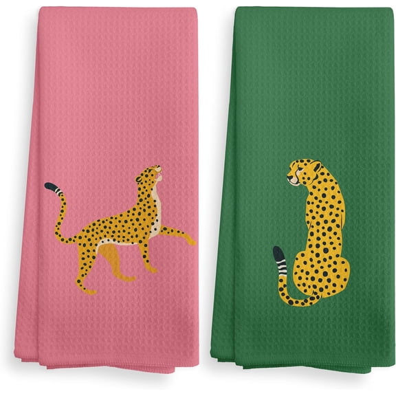 KKFEN-Hot Pink Green Preppy Leopard Kitchen Towels and Dishcloths Set of 2, Girls Bathroom Decor Cheetah Hand Towels, Modern Art Drying Cloth Hand Towels for Dorm Bathroom Kitchen Decor, 1624 Inches