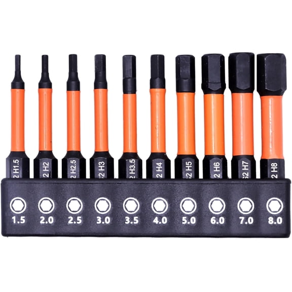 KKFEN-Impact Hex Head Allen Wrench Bits Set 10Pcs Metric H1.5 - H8, 2 Inch Length with 1/4 Inch Hex Shank, S2 Steel Magnetic Impact Hexagonal Screwdriver Bits