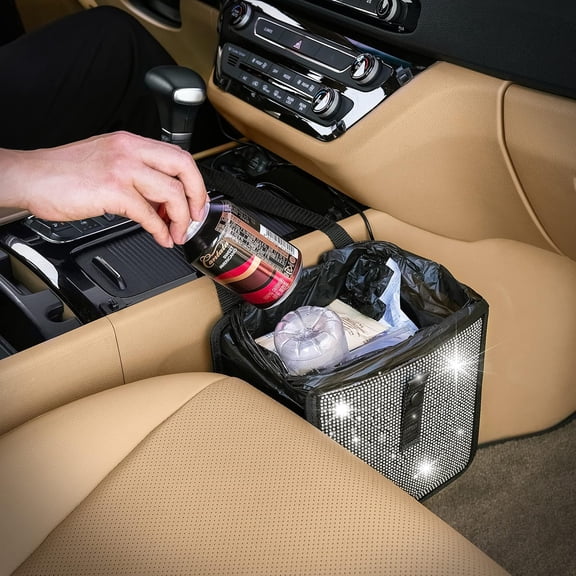 KKFEN-Jopps Bling Car Trash Can Foldable Diamond-Style Bin with Strap, PU Leather & Oxford, Waterproof, Sparkly Cubic Finish for Glam Interiors (Medium, Diamond Black)