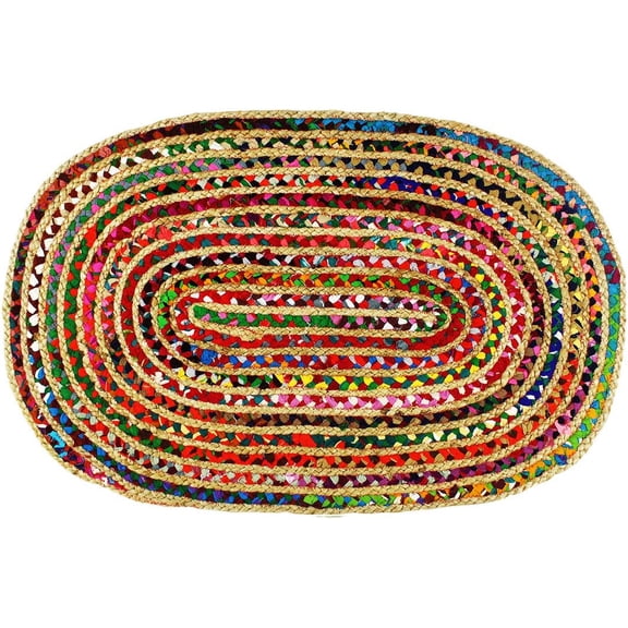 KKFEN-Jute Chindi Braid Rag Rug - Boho Farmhouse Rustic Area Accent Throw Rug - Handwoven Reversible Natural Recycled Cotton- Living Room Den Study Home Dcor Gift - 2' x 3' Oval - Multi Color